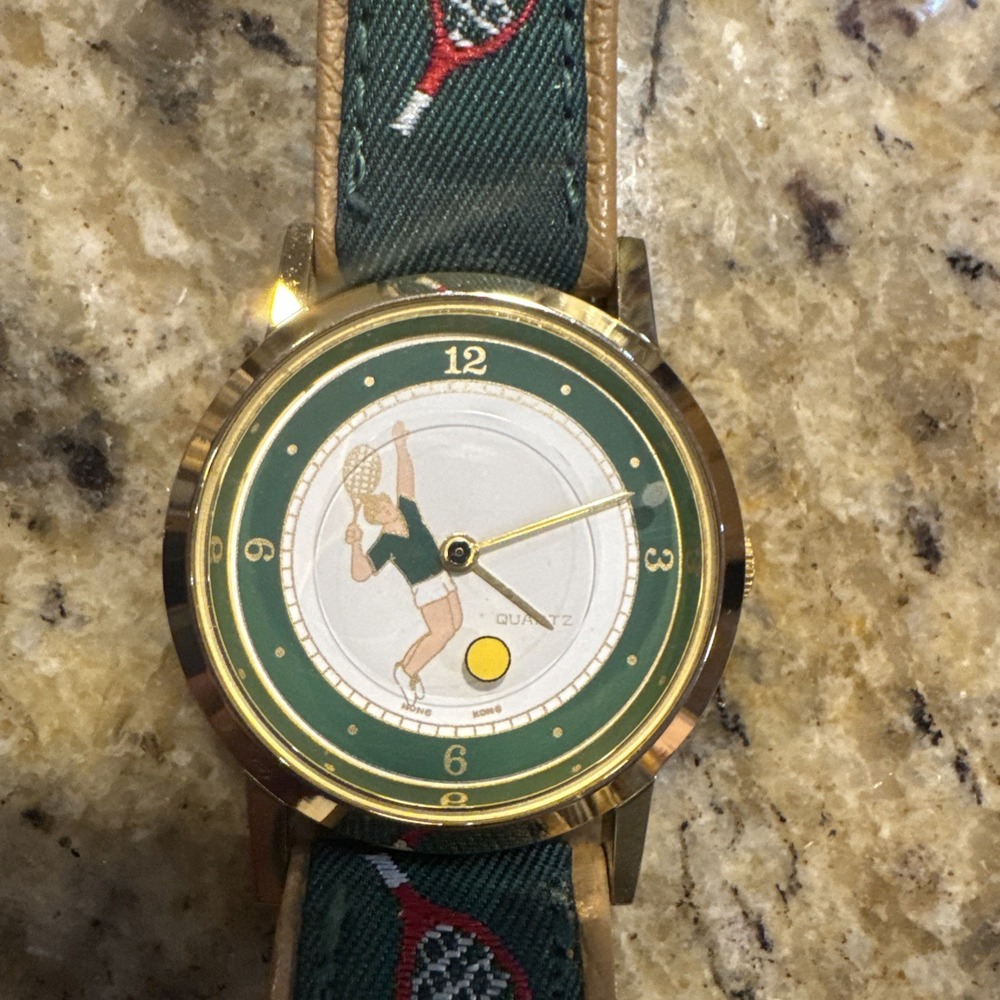 Tennis Player Round Gold Tone Analog Watch Men's Tennis Leather Bands